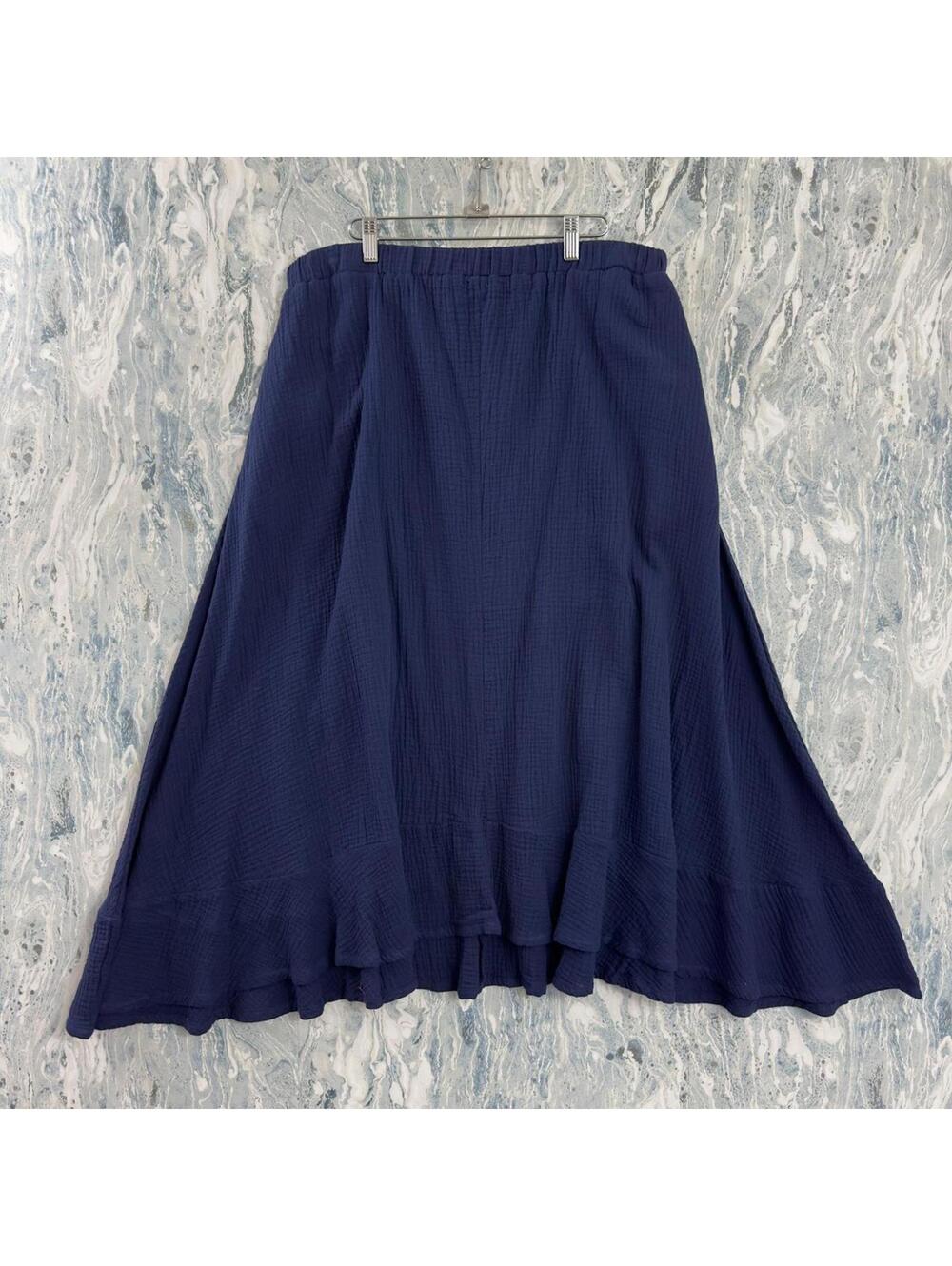 Cottage Boho Minimalist Lagenlook Navy Blue Gauze Maxi Skirt (XL)